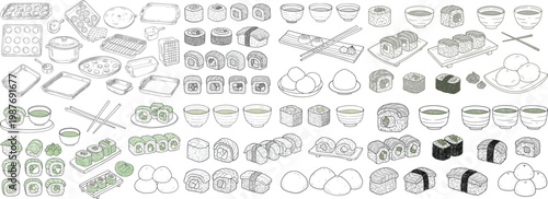 A detailed illustration of various sushi types and accompaniments, showcasing vibrant colors and intricate designs.