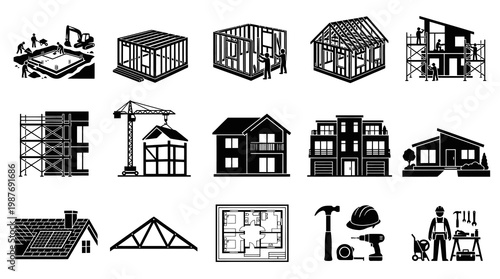 Construction Building Process Glyph Icons Set. House Renovation and Home Construction Stages.
