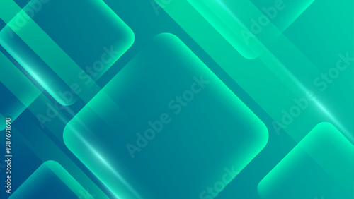 Sleek teal green geometric abstract background with glowing glass transparency and elegant light highlights