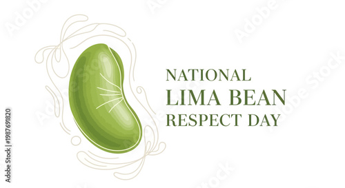 A cheerful vector illustration celebrates National Lima Bean Respect Day with a single, bright green lima bean and decorative flourishes against a clean white background, promoting healthy