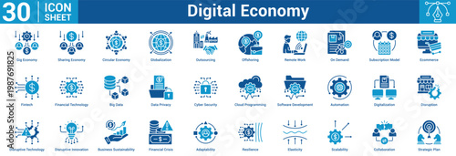 Digital Economy editable icon set 'vector illustration concept for business with icon of Gig Economy, Sharing Economy, Circular Economy, Globalization, Outsourcing, Offshoring, Remote Work, On Deman.