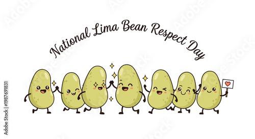 An illustration showcasing National Lima Bean Respect Day, with cartoon lima beans holding hands and displaying joyful expressions against a clean white background, embodying a healthy food