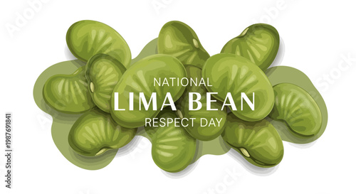 Overhead vector graphic celebrating National Lima Bean Respect Day, showcasing fresh, green lima beans in a pile with illustrative shadow detail, set against a clean white background