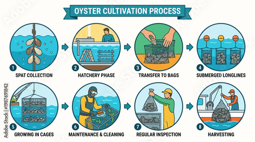 Oyster cultivation process steps from spat collection to harvesting oysters