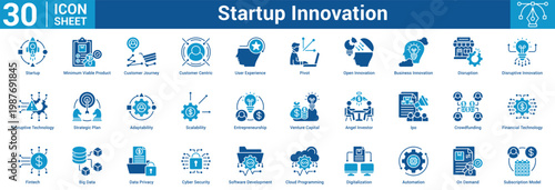 Startup Innovation editable icon set 'vector illustration concept for business with icon of Startup, Minimum Viable Product, Customer Journey, Customer Centric, User Experience, Pivot, Open Innovatio.
