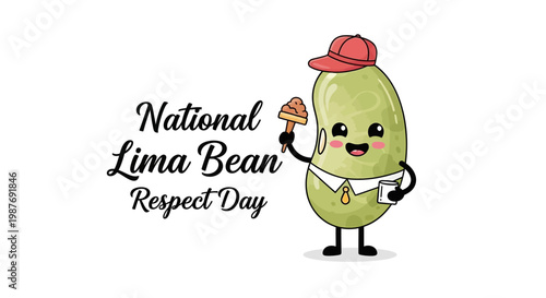 Cartoon illustration celebrating National Lima Bean Respect Day featuring a cheerful lima bean character wearing a hat and holding a lima bean-shaped treat, set against a clean white