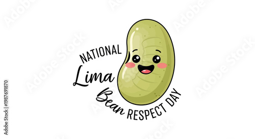 A cheerful lima bean character with rosy cheeks celebrates National Lima Bean Respect Day in an eye-level vector illustration with a clean white background, promoting healthy eating