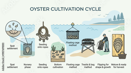 Oyster cultivation cycle process steps illustrated with infographic diagram showing spat settlement to harvest stages