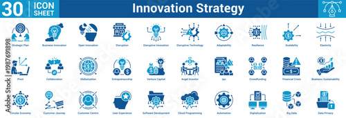 Innovation Strategy editable icon set 'vector illustration concept for business with icon of Strategic Plan, Business Innovation, Open Innovation, Disruption, Disruptive Innovation, Disrupti.