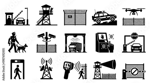 Security, Surveillance  Access Control Black  White Glyph Icons Set