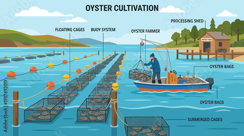 Oyster farmer cultivating oysters in floating cages with buoy system and submerged cages