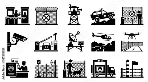 Security Icons Set, Border Control, Surveillance, Protection, Safety, Glyph Style