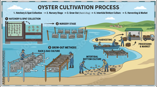 Oyster cultivation process from hatchery to harvesting and market