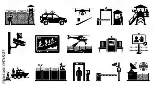 Security Icons: Guard Tower, Car, Drone, Checkpoint, Surveillance, Boat