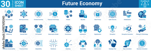 Future Economy editable icon set 'vector illustration concept for business with icon of Gig Economy, Sharing Economy, Circular Economy, Financial Technology, Fintech, Big Data, Data Privacy, Cyb.