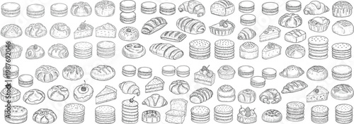 A delightful array of hand-drawn desserts and pastries, showcasing intricate details and various styles.