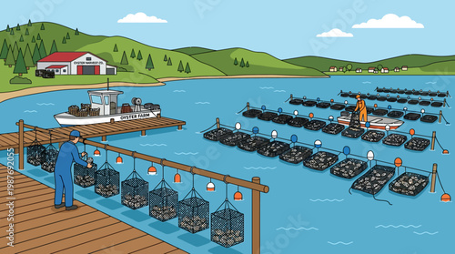 Oyster farm workers tend to oyster cages on a floating dock and boat