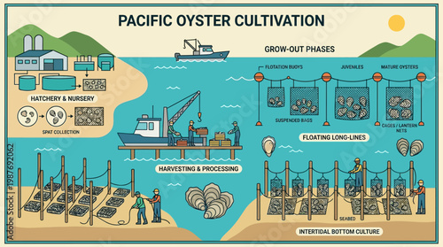 Pacific oyster cultivation process from hatchery to harvesting and processing stages