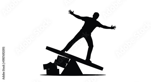 A black vector illustration depicts a man's silhouette expertly balancing on a precarious seesaw structure, showcasing concepts of equilibrium and risk management.