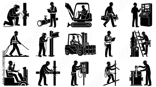 Industrial Construction Manufacturing Trades Workers Equipment Black  White Glyph Icons Set