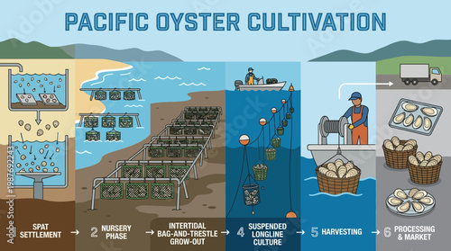 Pacific oyster cultivation process from spat settlement to harvesting and market