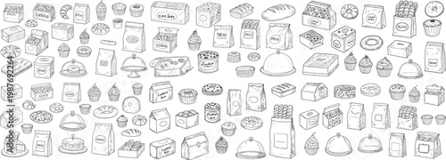 A detailed illustration of various baked goods, including cupcakes, cookies, and pastries in a whimsical style.