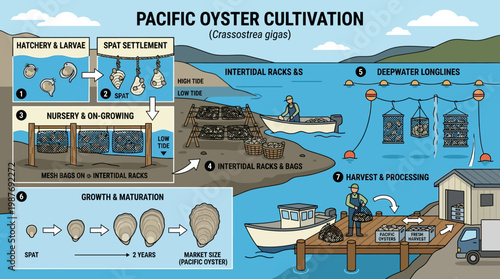 Pacific Oyster Cultivation Stages from Hatchery to Harvest Processing