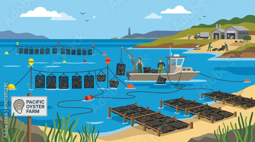 Pacific oyster farm with workers on a boat and cages in the water