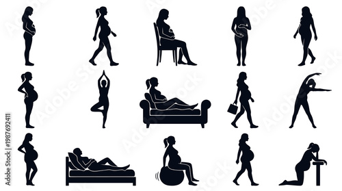 Pregnant Women Silhouettes Vector Icons Set - Maternity Health  Prenatal Care Poses