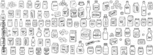 A detailed black and white illustration of assorted kitchen jars and containers, featuring various food items.