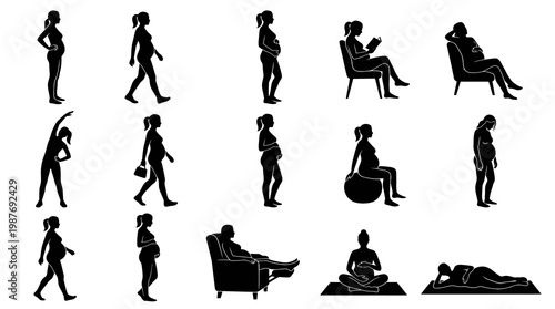 Pregnant Women Poses Silhouette Vector Set - Maternity and Pregnancy Glyphs