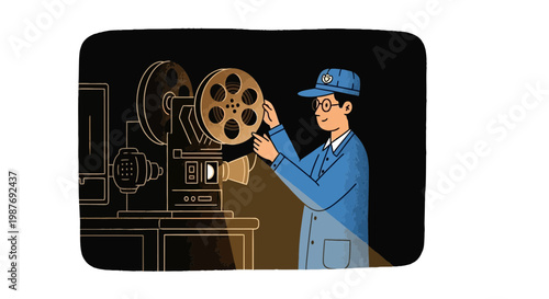 Illustration of a Projectionist Operating a Vintage Movie Projector