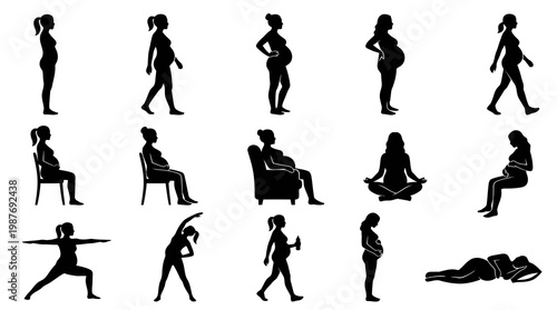 Maternity Pregnancy Women Silhouettes Vector Set. Black  White Pregnant Lady Poses for Health  Lifestyle.