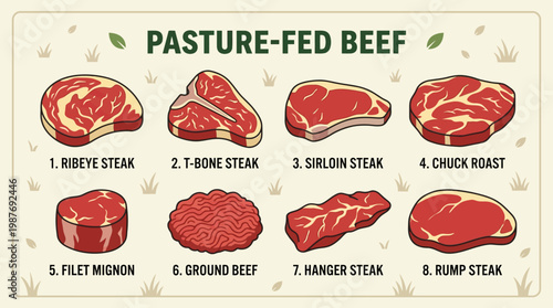Pasture fed beef cuts including ribeye steak and sirloin steak
