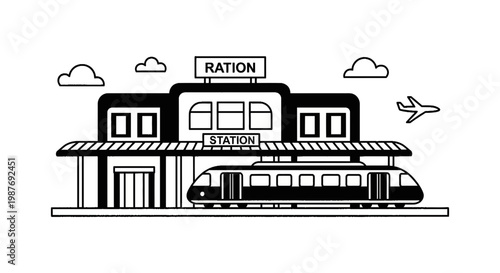 Modern Railway Station and Train Vector Illustration