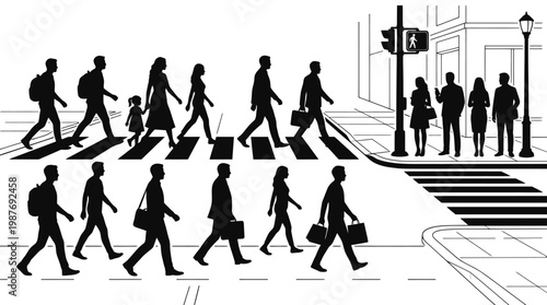 Black  White Line Art of Pedestrians Crossing Street at Crosswalk