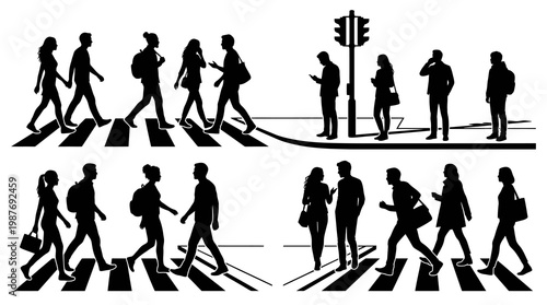 Urban Life Pedestrian Silhouette Vector: Diverse People Walking, Crossing, Waiting, City Street
