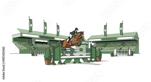 Equestrian Show Jumping Illustration Horse and Rider at Competition