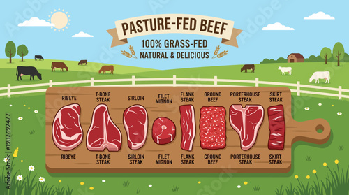 Pasture fed beef cuts displayed on a wooden board outdoors