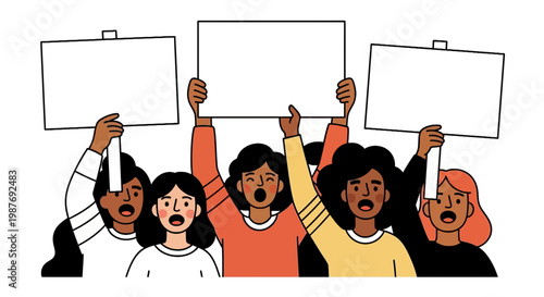Diverse Women Holding Blank Signs Protesting and Shouting