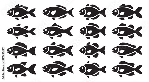 Diverse school of fish silhouettes for commercial fishing and marine biology design concepts.