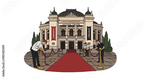Sarajevo National Theatre Red Carpet Preparation Vector Illustration