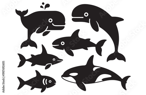 Whale set silhouette isolated on white background, ocean mammal set, marine life.