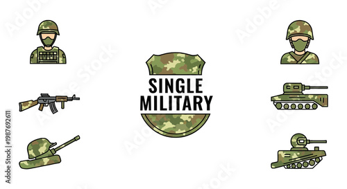 Military Vector Icon Set with Camouflage Pattern