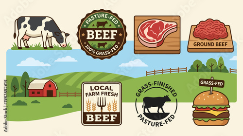 Grass-fed beef farm products with cow, meat cuts, and burger