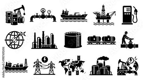 Oil and Gas Industry Icons: Energy, Production, Transport, and Power