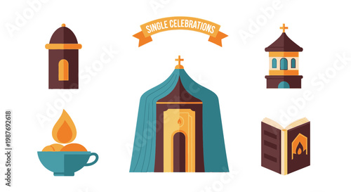 Flat Vector Religious Celebration Icon Set with Church and Holy Book