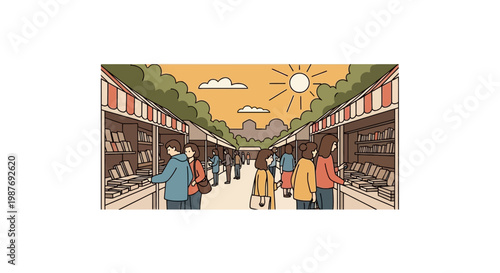 Outdoor Book Fair with People Browsing Stalls Illustration