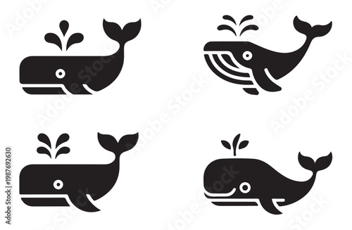 Whale set silhouette isolated on white background, ocean mammal set, marine life.