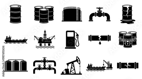 Oil and Gas Industry Black  White Icons Set: Petroleum Production, Transportation  Storage Glyphs